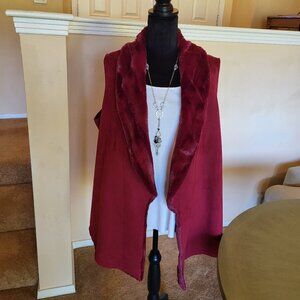 Slinky® Brand Burgundy Faux Suede & Fur Vest - Open Front - Size 1X